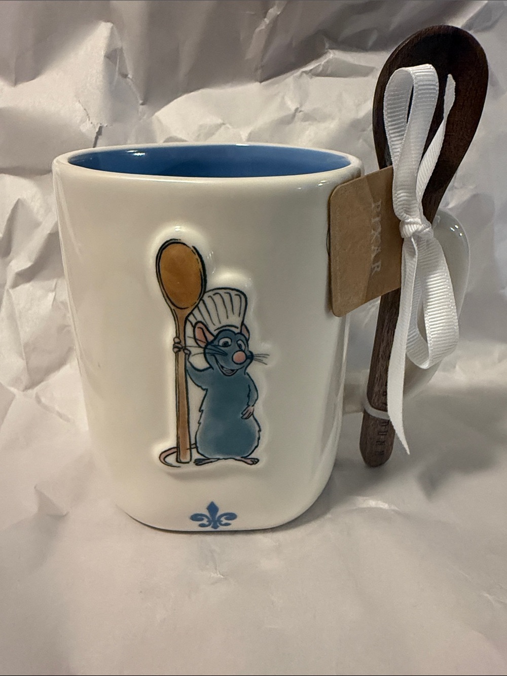 Rae Dunn 'OUI, CHEF' White Mug with Blue Interior and Wooden Spoon